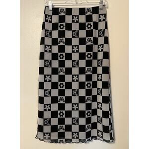 Forever 21 Black White Checkered Midi Pencil Skirt Medium Flower Butterfly Goth